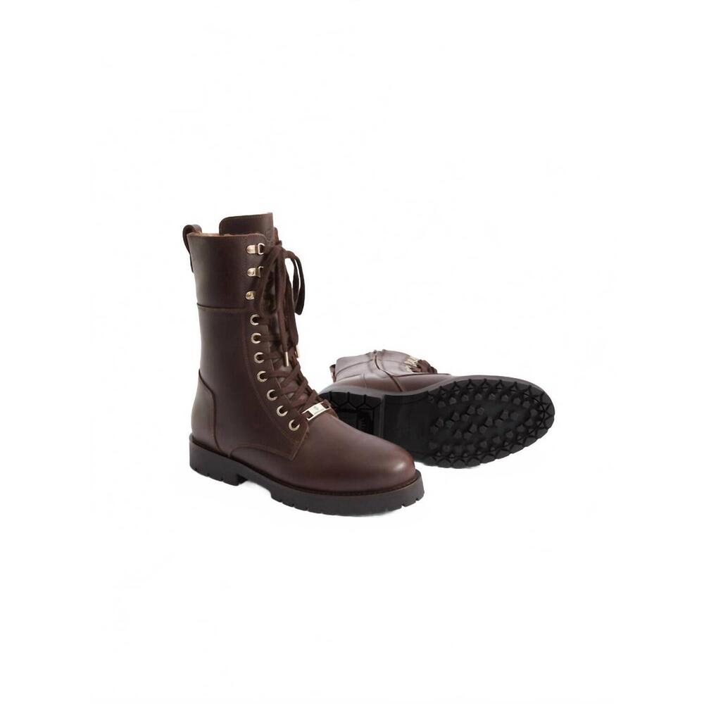NEW FAIRFAX & FAVOR women's anglesey shearling combat boot in mahogany leather